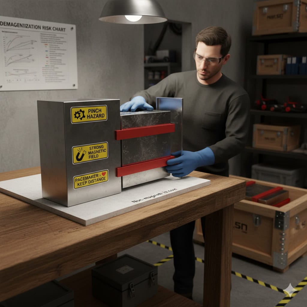 Gloved worker holding shielded neodymium magnet