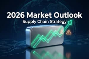 A silver NdFeB magnet block with a glowing green trend line rising sharply, symbolizing 2026 price increases.