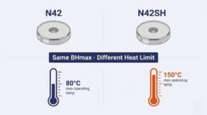 N42 vs N42SH neodymium magnet comparison chart showing 80C versus 150C temperature ratings